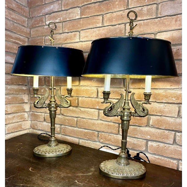 1990s Pair of Brass French Empire Swan Tóle Bouillotte Lamps. For Sale - Image 11 of 12