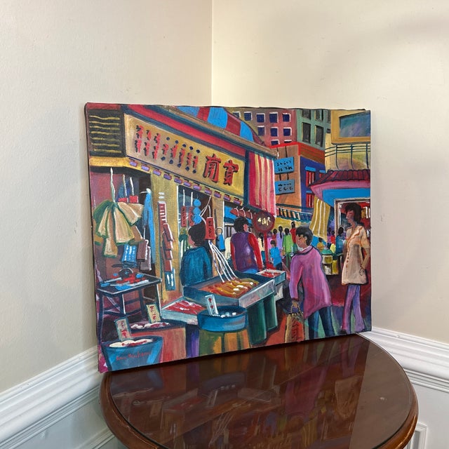 1970s 1970s Vintage Asian Cityscape Painting on Canvas ~ Signed Amy HolzHaver For Sale - Image 5 of 9