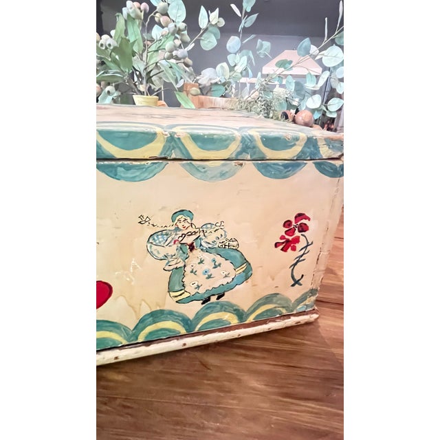 Rare Vintage Hand-Painted Wooden Folk Art Lift-Top Chest Trunk For Sale - Image 10 of 12