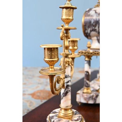 Louis XVI Clock Set in Marble with Gilt Candelabras, 1890, Set of 3 For Sale - Image 12 of 18