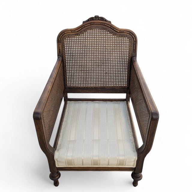 Late 20th Century French Provincial Cane Armchair With Striped Upholstery For Sale - Image 11 of 14