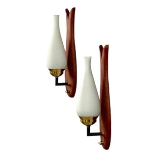1960s Danish Modern, Wall Lights or Sconces, Teak, Brass, Opal Glass For Sale