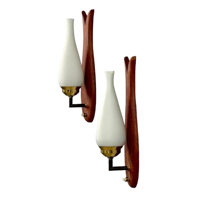 1960s Danish Modern, Wall Lights or Sconces, Teak, Brass, Opal Glass For Sale