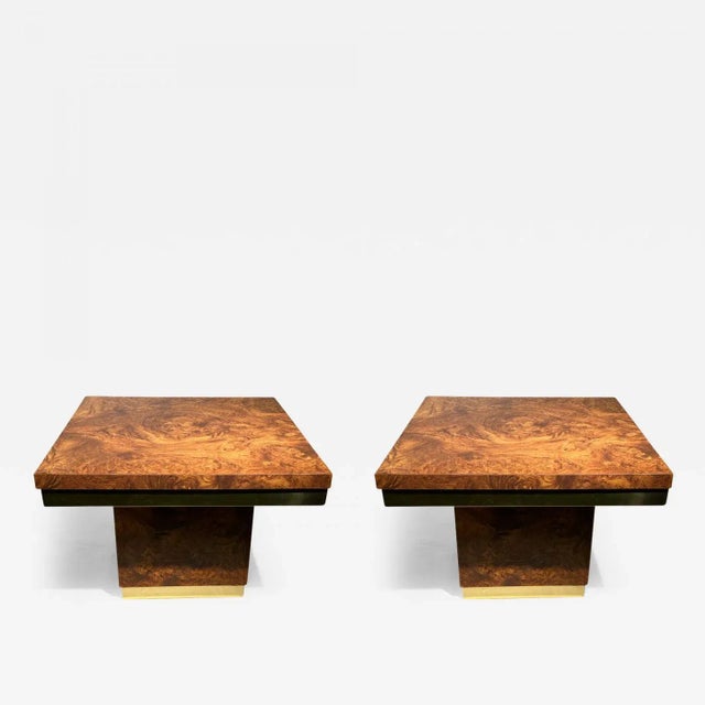 Metal 1970s Modern Burlwood Pattern Formica With Brass Trim Tables - A Pair For Sale - Image 7 of 7