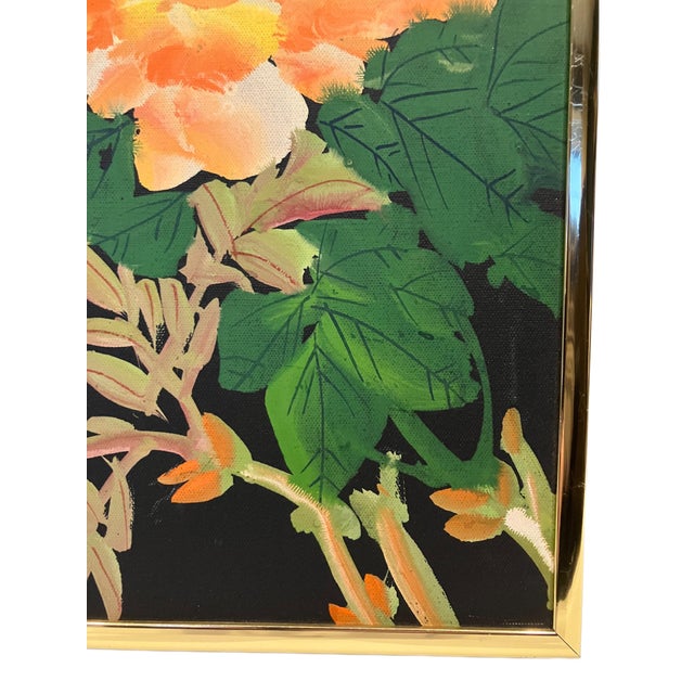 Original Traditional Chinese "Flower and Bird" Oil Painting in a Modern Brass Frame For Sale - Image 14 of 16