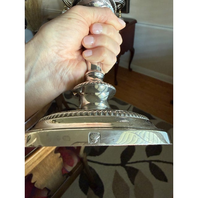 Barker-Ellis Silver Co. Made in England Silverplate Pair 3-Arm Candelabras For Sale - Image 12 of 12