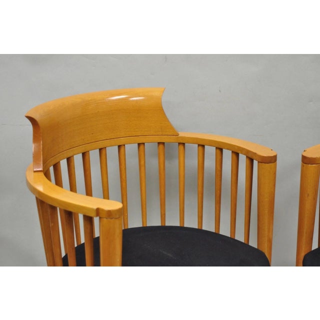 Postmodern Vintage Postmodern Maple Wood Spindle Barrel Back Lounge Arm Chairs - A Pair For Sale - Image 3 of 15