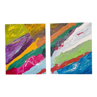 Late 20th Century Original Signed Elbirt Abstract Expressionist Diptych – Vibrant Impasto Contemporary Art on Canvas For Sale