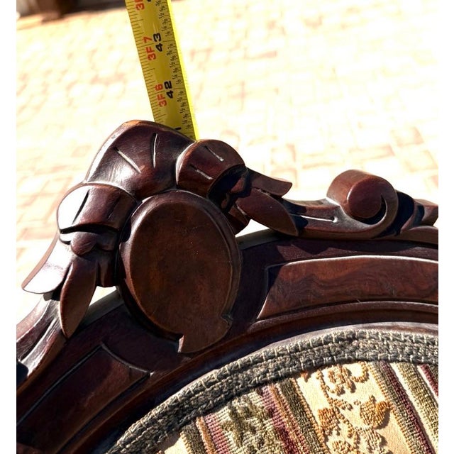 1930s Antique Carved Mahogany Accent Chair With Striped Floral Upholstery. For Sale - Image 5 of 7