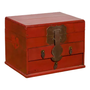 Early 20th Century Chinese Red Lacquer & Bronze Hardware Jewelry Box