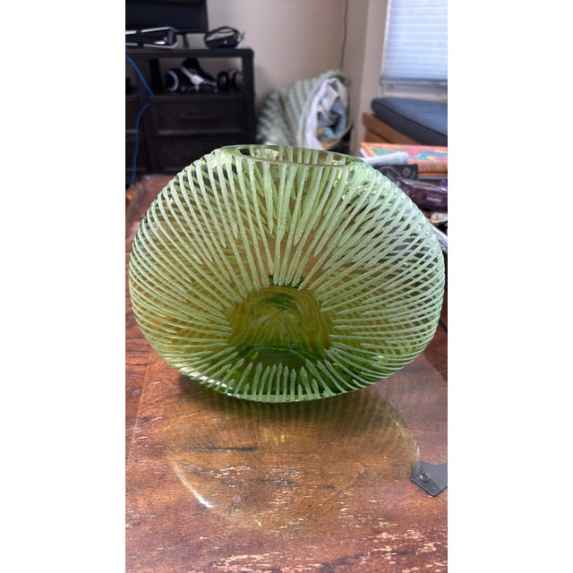 Mid-Century Modern Vintage Mid-Century Modern 1970s Etched Oblong Green Glass Vase For Sale - Image 3 of 3