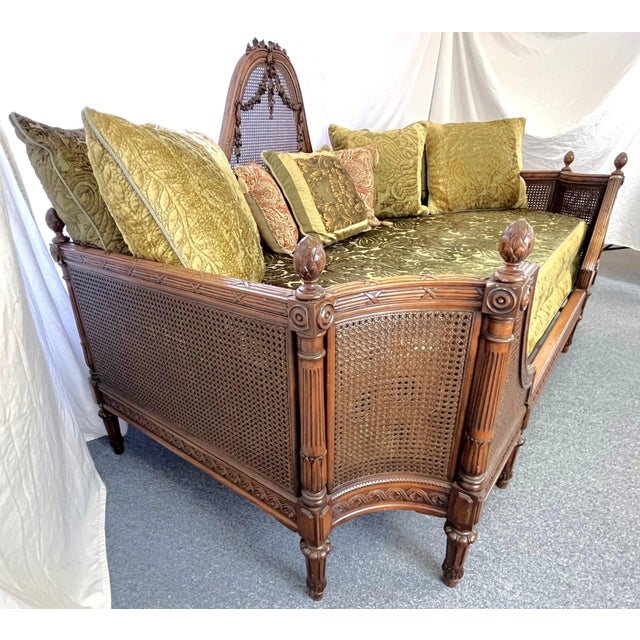 Antique French Cane Daybed With Carved Roses and Velvet Upholstery For Sale In West Palm - Image 6 of 13