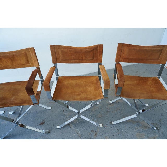 1970s 1970s Set of 4 Alessandro Albrizzi Chrome & Cognac Suede Director Chairs For Sale - Image 5 of 17