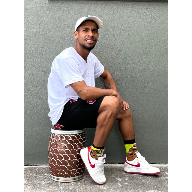 Brown Vintage Boho Scales Glazed Ceramic Low Stools - A Pair For Sale - Image 8 of 8