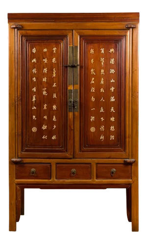 Chinese Antique Two-Toned Cabinet with Inlaid Calligraphy Motifs and Drawers