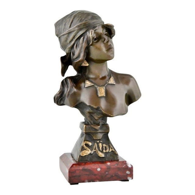 Metal Emmanuel Villanis, Art Nouveau Saida Bust, 1890, Bronze on Marble Base For Sale - Image 7 of 11