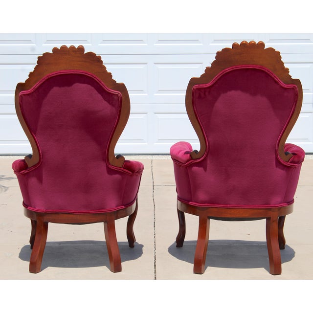Vintage Victorian Revival Mahogany His & Hers Parlor Chairs Red Velvet Pair For Sale - Image 18 of 18