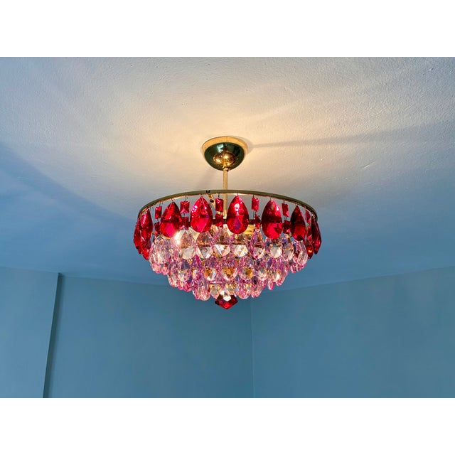 Glass Vintage French Style Crystal Chandelier – Hand-Painted Pink & Ruby Red Prisms For Sale - Image 7 of 18
