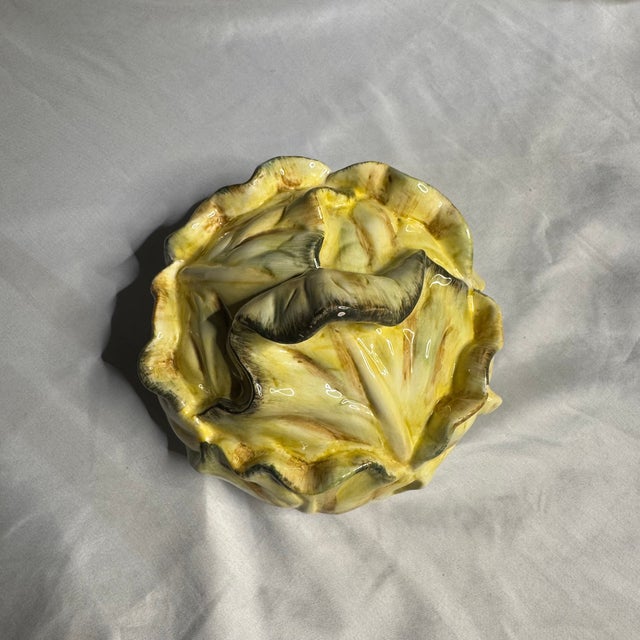 This decorative ceramic tureen by Kaldun & Bogle features a sculptural cabbage leaf design rendered in a vibrant majolica-...