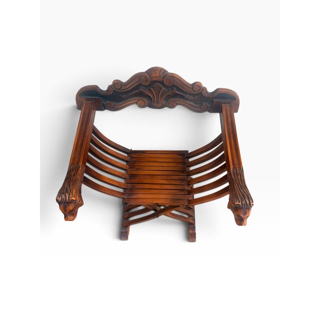 Brown Pair of Vintage Renaissance Revival Savonarola Chairs With Carved Lion Heads For Sale - Image 8 of 14