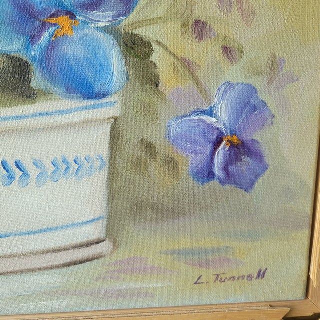 Rustic Vintage Raw Wood Lattice Framed Floral Oil Painting by L. Tunnell Ooak Cottage For Sale - Image 3 of 18