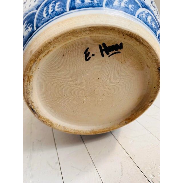 Vintage Extra Large Blue and White Chinese Dragon Chinoiserie Porcelain Fishbowl Jardiniere Planter For Sale - Image 10 of 11