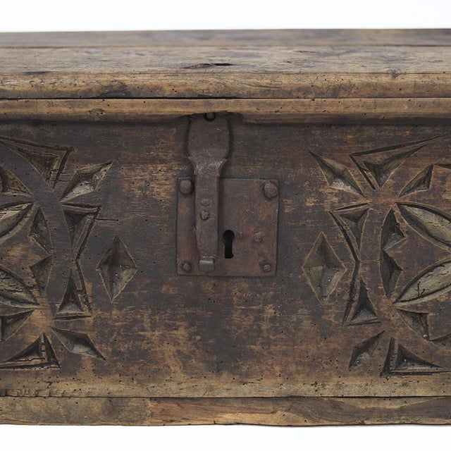 Wood Antique Rustic Folk Art Spanish Carved Chest For Sale - Image 7 of 12