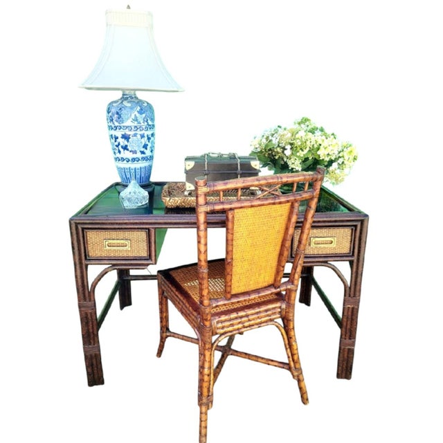 Baker Furniture Company Vintage Cane Tortoiseshell 2 Drawer Campaign British Colonial Black Plexi Glass Top Writing Desk For Sale - Image 4 of 13