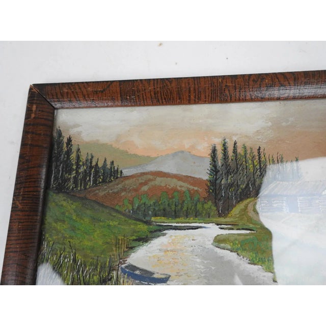 Early 20th Century Vintage Rustic Folk Art Riverside Cabin Landscape Painting For Sale - Image 5 of 6