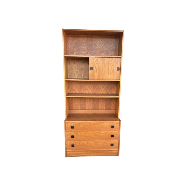 Wood Restored 1960s Danish Modern Bookcase Cabinet With Carved Pulls & Sliding Doors For Sale - Image 7 of 17