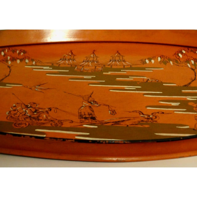 Burnt Orange Antique French Hand Painted Chinoiserie Serving Tray For Sale - Image 8 of 17