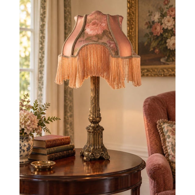 Bronze Vintage Neoclassical Column Table Lamp With Floral Fringed Shade For Sale - Image 8 of 8