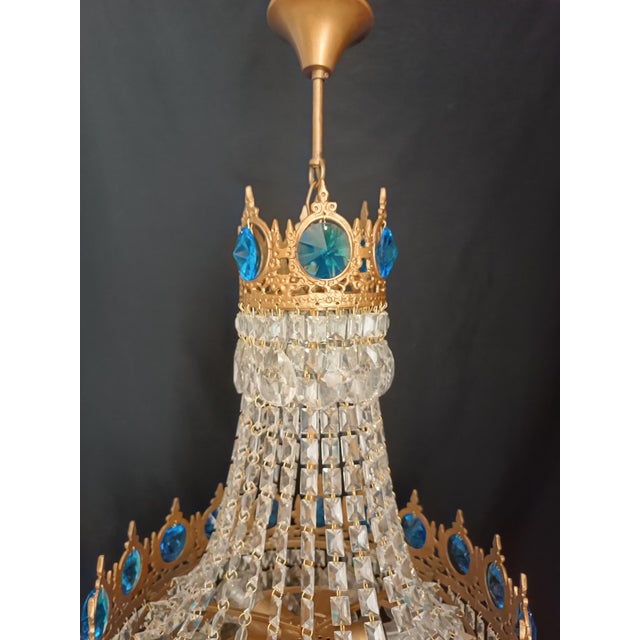 Vintage Brass Aqua Blue Crystal Chandelier For Sale - Image 9 of 12