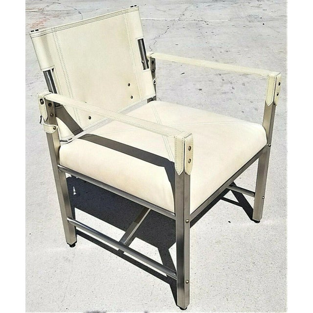 Palecek Campaign Style Genuine Leather and Chrome Armchair For Sale - Image 9 of 9