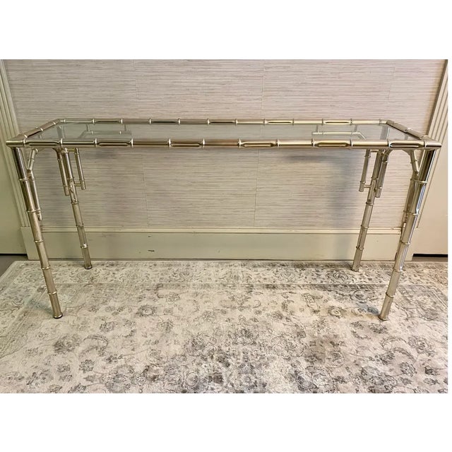Mid-Century Modern Mid 20th Century Tubular Metal Faux Bamboo Glass Top Console Table For Sale - Image 3 of 11