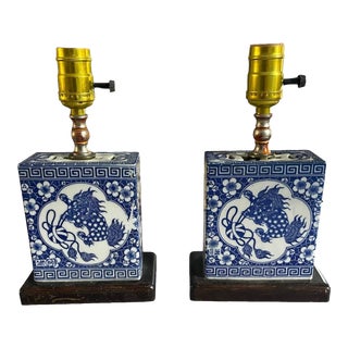 Antique Blue & White Lamps a Pair For Sale