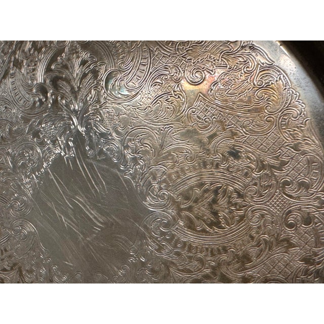 Traditional Silverplate Engraved Round Handled Tray, Vintage For Sale - Image 3 of 12