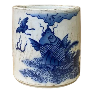 Chinese Distressed White Porcelain Blue Fishes Graphic Holder Vase