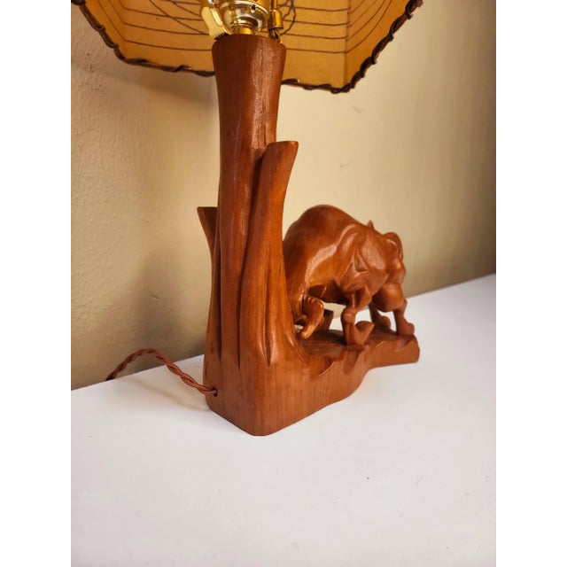 1950s Vintage Hand Carved Wooden Bull With Fiber Glass Spun Diamond Shade. For Sale - Image 5 of 8