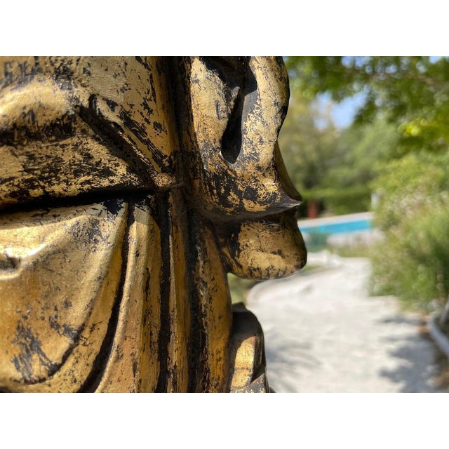 Patinated Wooden Buddha Sculpture in Gilt Color For Sale - Image 10 of 11