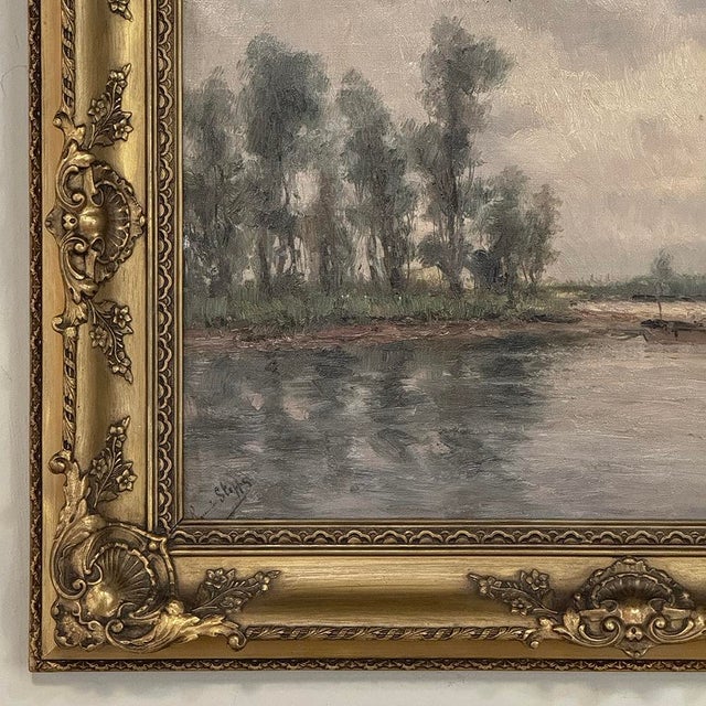 19th Century Belgian Oil on Canvas Painting of Riverboats by Romain Steppe in Original Gilt Frame For Sale - Image 9 of 16