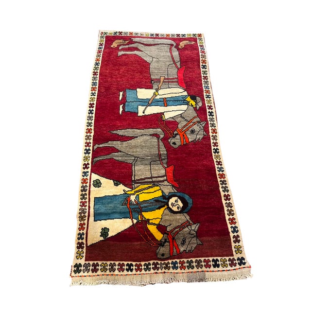 Figurative Antique Turkish Figurative Gabbeh Rug With Couple and Horses | 3'6" X 7'2 For Sale - Image 3 of 4