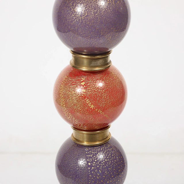 Mid-Century Hand-Blown Coral Red & Lilac Murano Glass Stacked Ball Table Lamps For Sale - Image 9 of 12