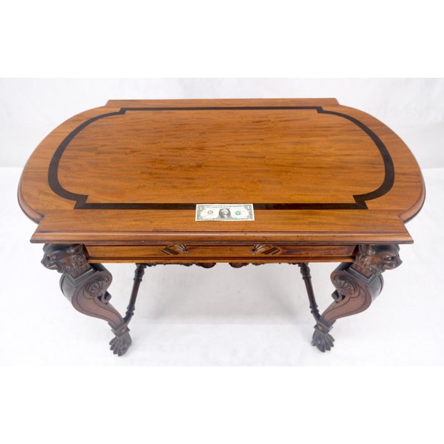 Carved Lion Face & Foot Legs Renaissance Revival Inlaid Walnut Center Table MINT For Sale - Image 12 of 16
