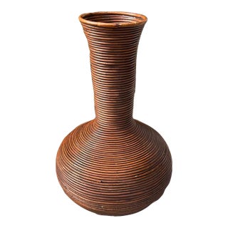Vintage Pencil Reed Rattan Bottle Floor Vase, 23" For Sale
