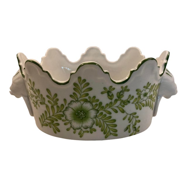 Vintage Scalloped Edged Kelly Green Jardiniere Cache Pot For Sale