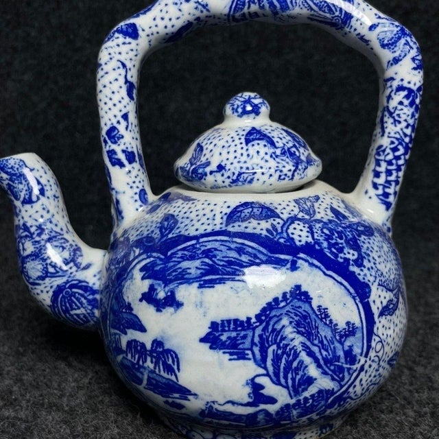 1990s Vintage Chinese Blue and White Porcelain Teapot With Overhead Handle and Mountain Landscape For Sale - Image 5 of 9