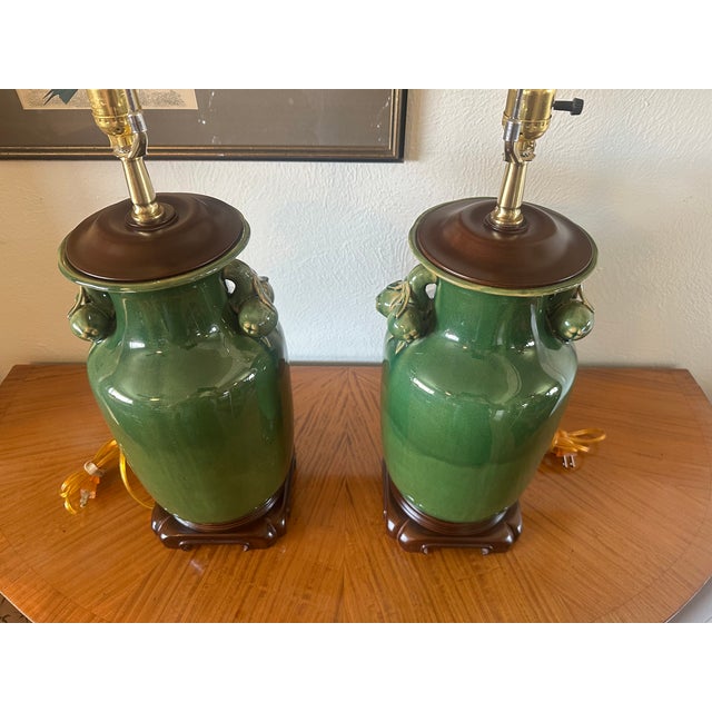 Late 20th Century Vintage Green Glazed Ceramic Urn Lamps With Sculptural Fruit Handles - a Pair For Sale - Image 5 of 8
