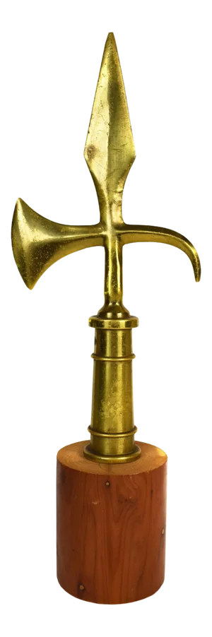 Vintage Early 20th Century Solid Brass Halberd Finial Battle Axe Flag Pole Topper Ornament on Wooden Base