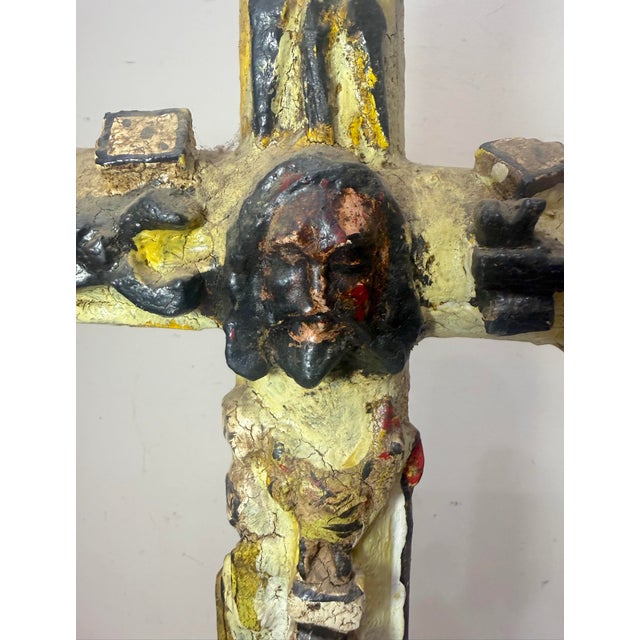 Large 1700's Antique Polychromed Carved Folk Art Wood Religious Crucifix Cross For Sale - Image 4 of 18